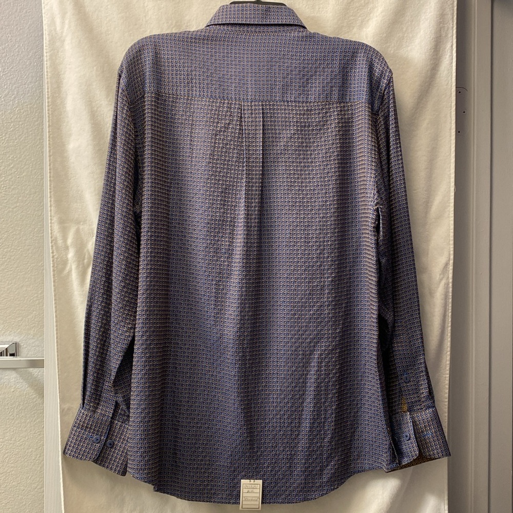 Men's Jhane Barnes Blue Starburst Patterned Silk+Cotton Button-Down Shirt - Picture 2 of 16